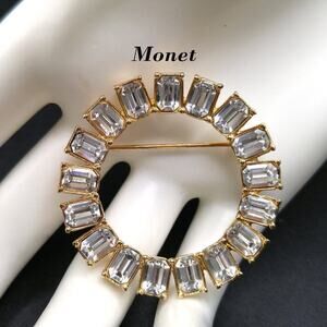 Vintage Monet Clear Rhinestone Round Brooch, Gold Plated, 1 1/2 Inches